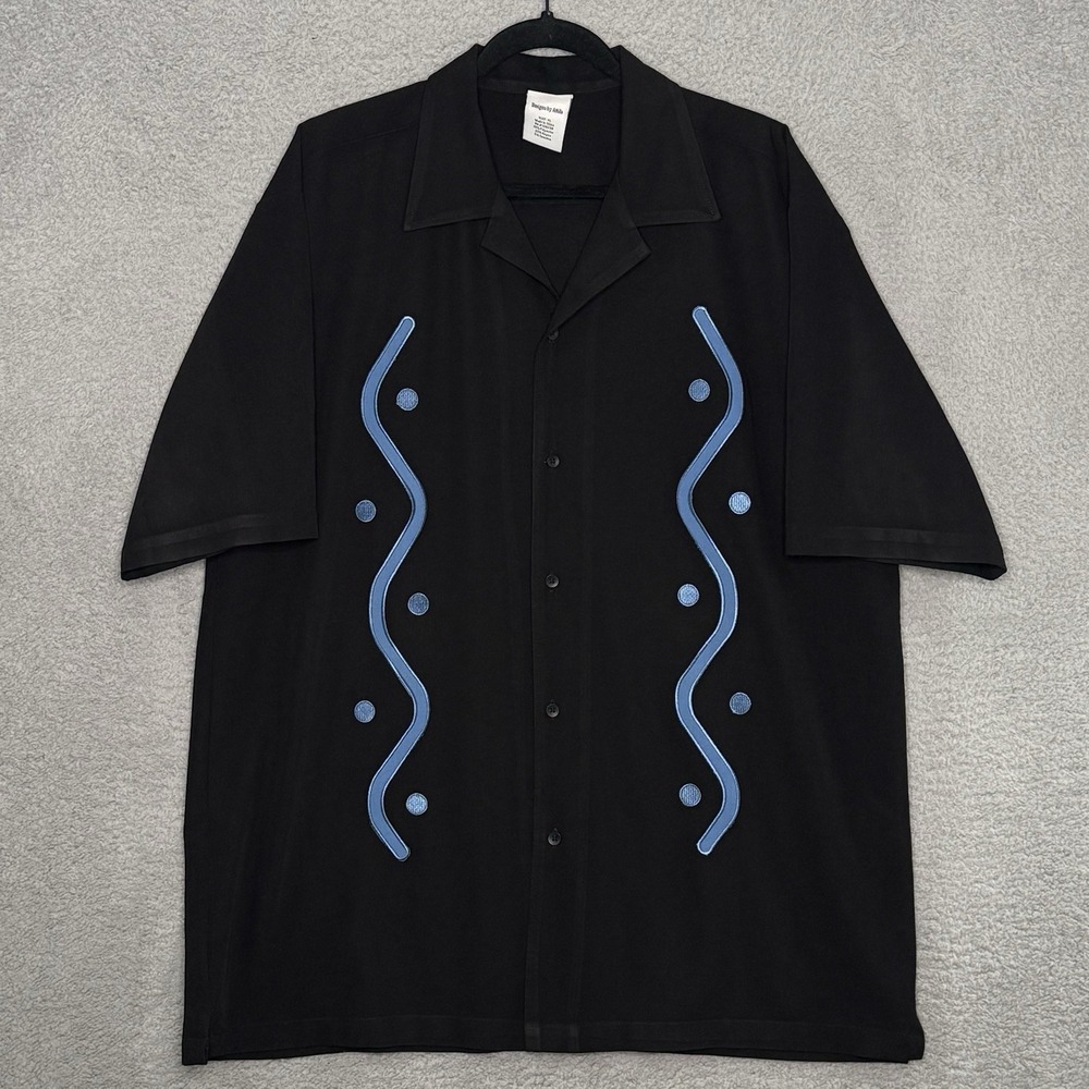 Designs By Attila Mens‎ Retro Bowling Shirt Blue Geometric on Black Sz XL Button